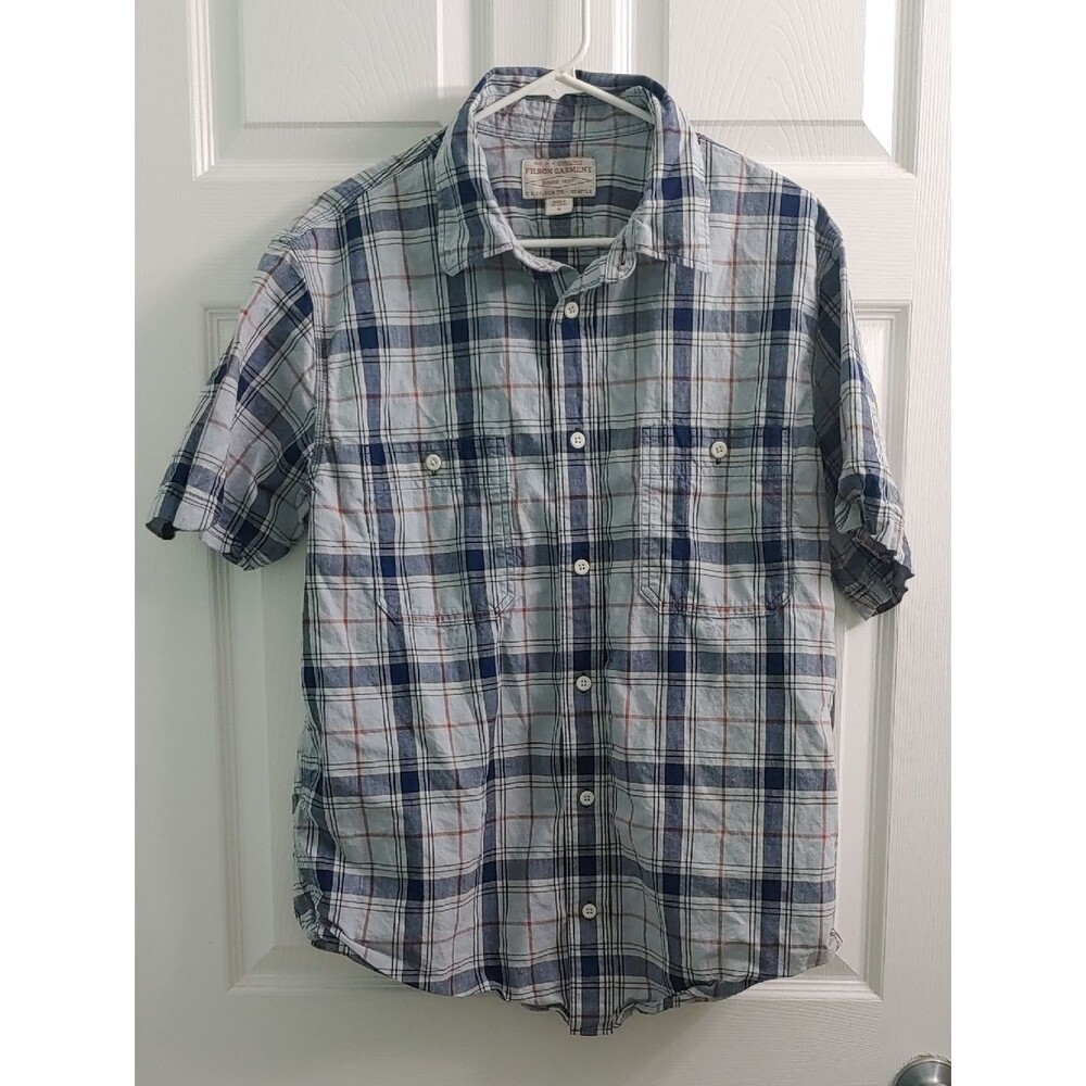 Filson Plaid Button Up Shirt Men's M Short Sleeve Blue Button Down